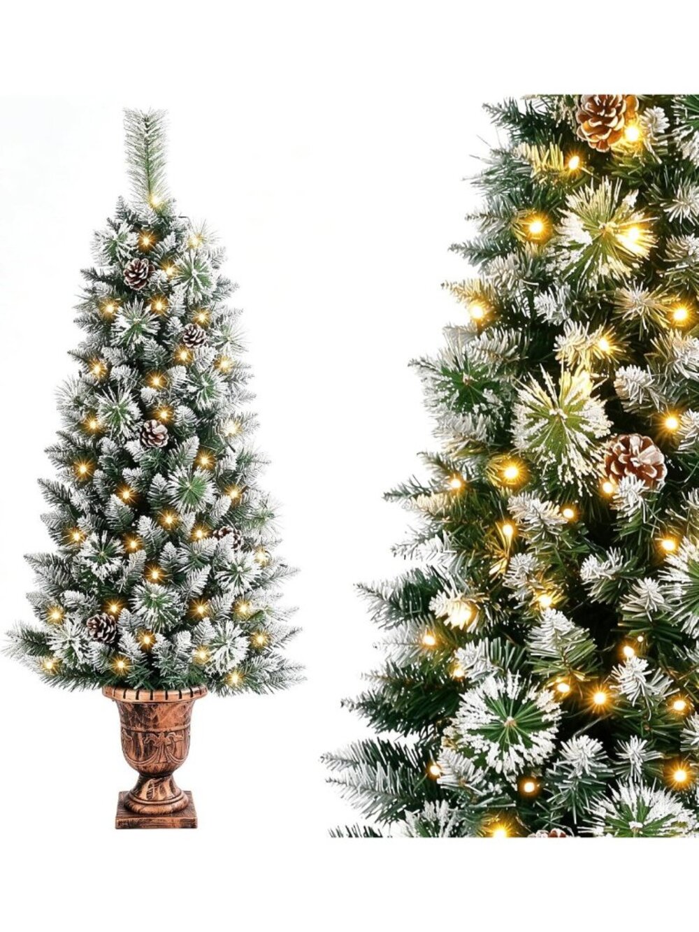 4ft Pre-Lit Mini Christmas Tree with Flocked Snow, Pine Cones & Gold Pot Base